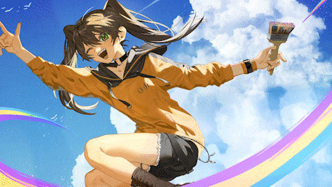 a girl in a yellow hoodie is jumping in the air holding a brush