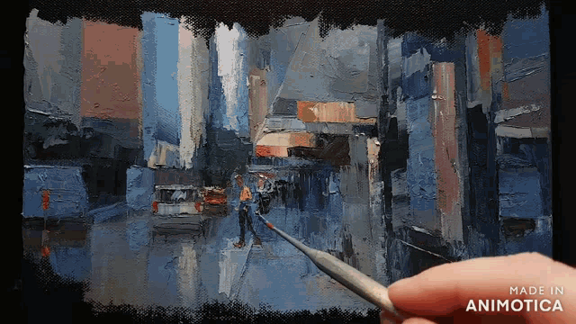 a painting of a city street with the words made in animotica below it