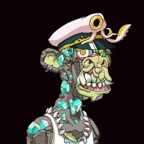 a cartoon drawing of a monster surrounded by crystals and a bird
