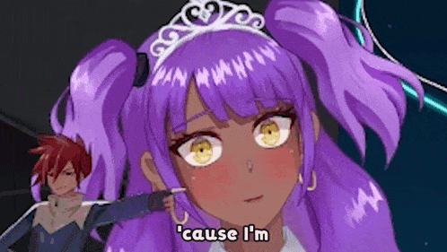 a girl with purple hair and a tiara says cause i 'm