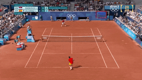 a tennis match is being played in front of a crowd and the score is 6 to 2