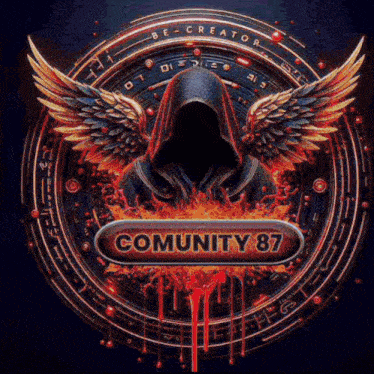 the logo for community 87 has a hooded figure with wings on it