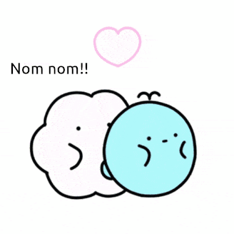 a cartoon drawing of a cloud with a heart above it and the words nom nom