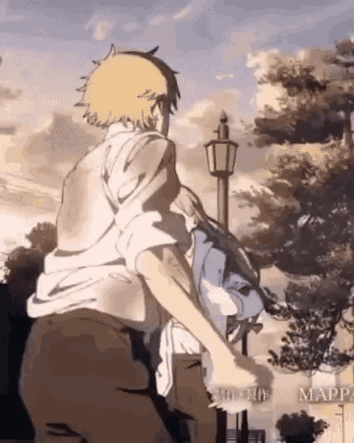 a man is carrying a woman in his arms in a cartoon scene .