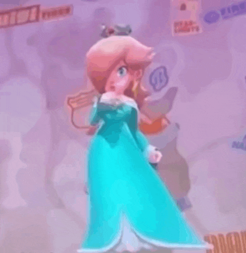 a cartoon character in a blue dress is standing in front of a purple background in a video game .