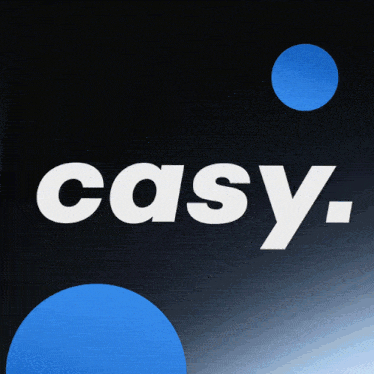 a black background with blue circles and the word casy