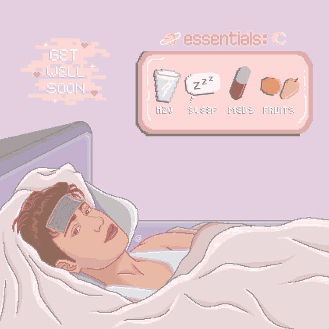 a pixel art illustration of a man laying in bed with a thermometer on his forehead