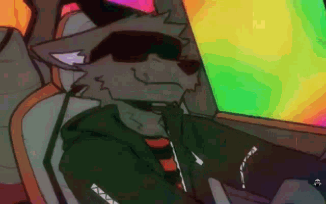 a wolf wearing sunglasses is sitting in a car