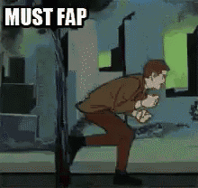 a cartoon of a man running with the caption " must fap "