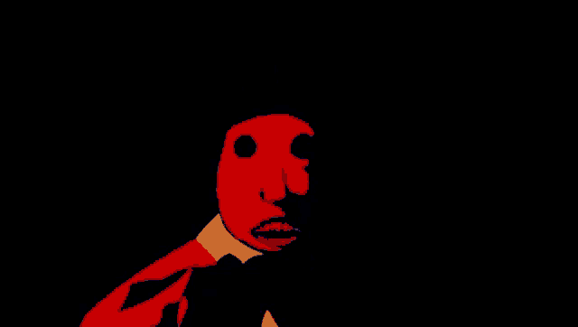 a red and yellow cartoon character with a black background and a yellow shirt .