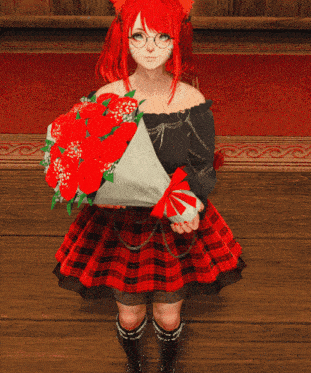 a girl with red hair and glasses is holding a bouquet of red flowers