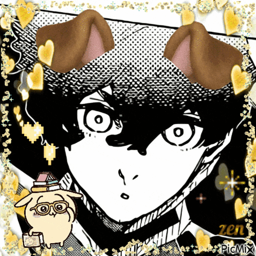 a black and white drawing of a person with a dog 's ear on their head