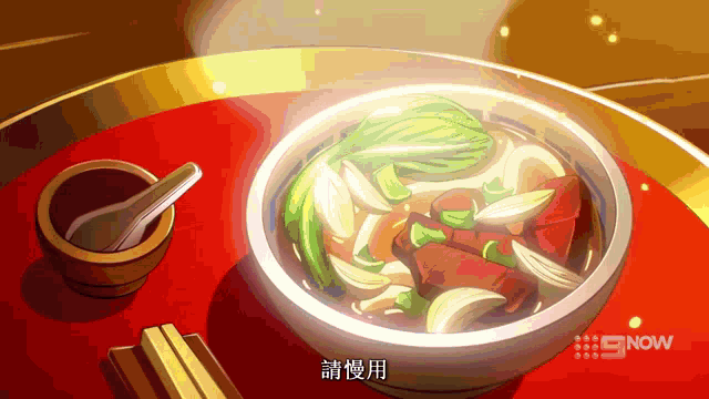 a cartoon drawing of a bowl of soup with chopsticks and a bowl of noodles