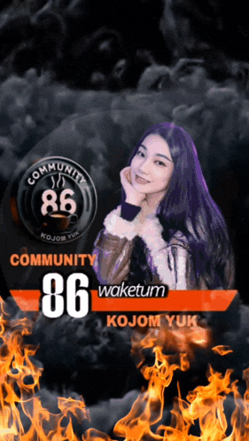 a picture of a woman with purple hair and the number 86 on it