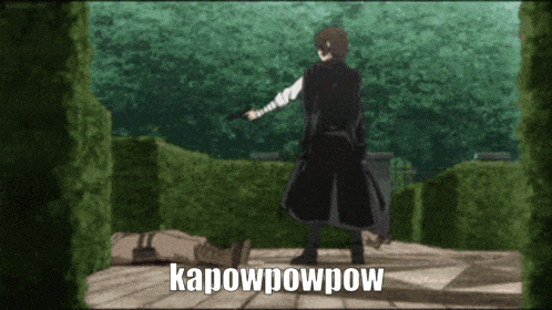 a man in a black coat is standing in front of a hedge with the words kapowpowpow written on the bottom