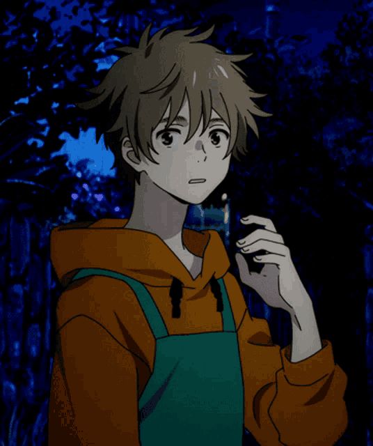 a boy in an orange hoodie and green overalls