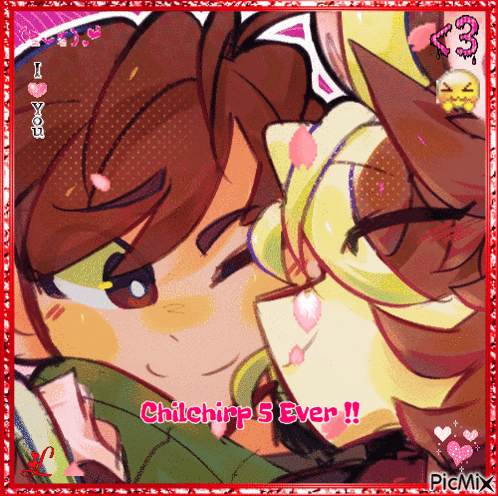 a picture of a boy and girl kissing with the words " chilchirp 5 ever " on the bottom