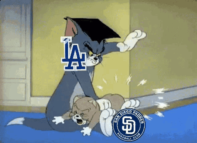 a cartoon of tom and jerry with the san diego padres logo in the background