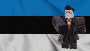 a cartoon character standing in front of a blue white and black flag