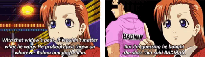 a cartoon of a girl and a man with the words badman written on the shirt