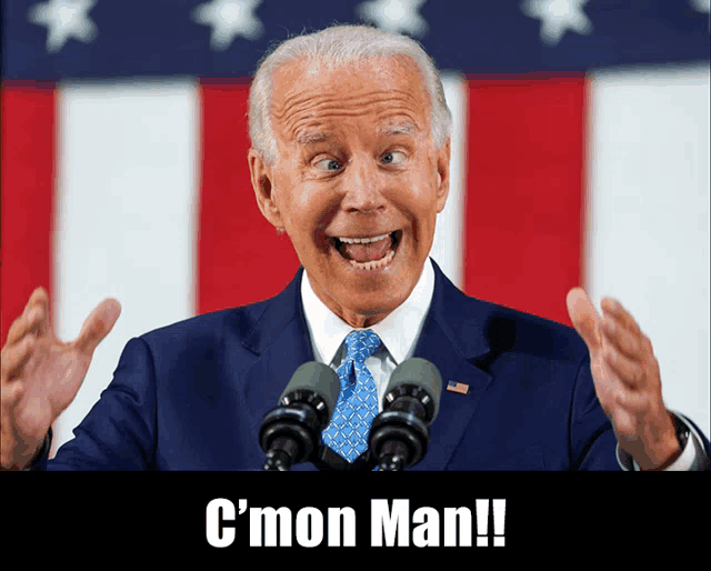 a man in a suit and tie is standing in front of a microphone with the words c'mon man written below him