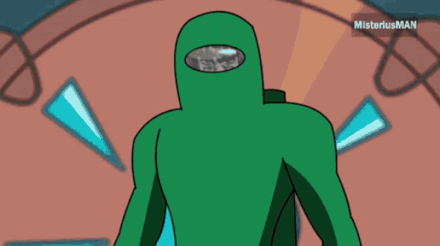 a cartoon of a green among us character standing in front of a large clock