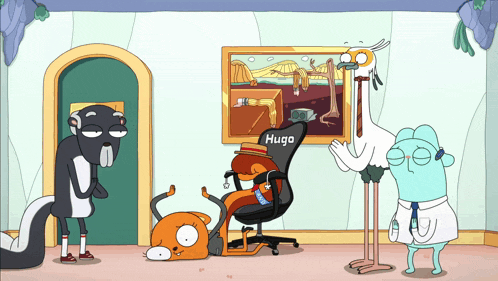 a cartoon shows a chair with the word hugo on it