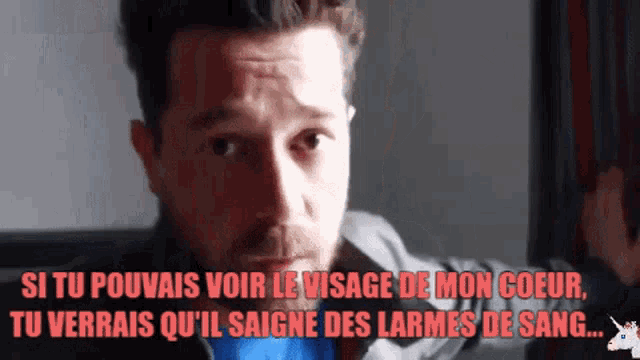 a man with a beard is talking in a foreign language with a unicorn in the corner