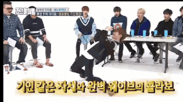 a group of people sitting around a table with a man kneeling down