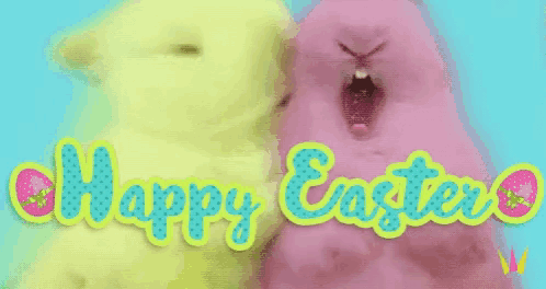 a happy easter greeting card with a yellow and pink peeps