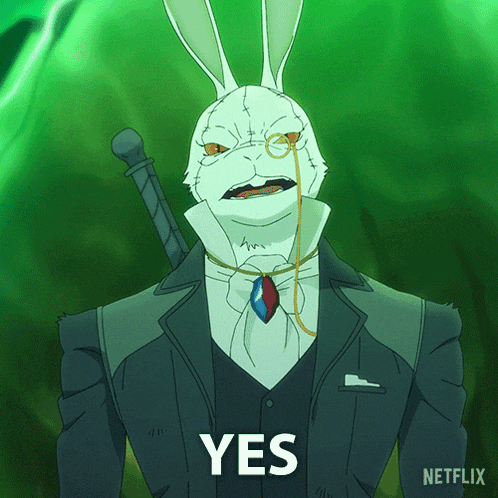 a cartoon of a rabbit in a suit that says yes on it