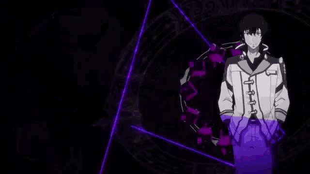 a close up of a person 's face in a dark room with purple lights .