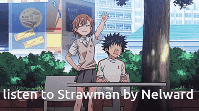 a girl and a boy are sitting at a table with the words listen to strawman by nelward
