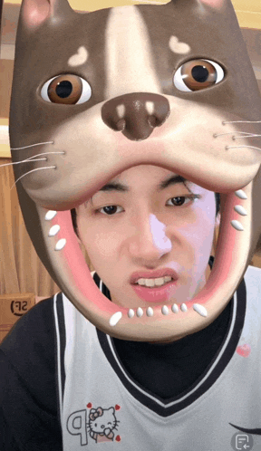a man wearing a hello kitty shirt has a cat mask on his face