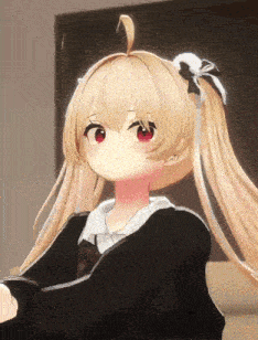 a cartoon girl with blonde hair and red eyes