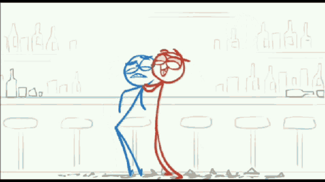 two stick figures are standing next to each other in front of a bar