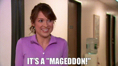 a woman in a purple shirt is smiling and saying it 's a " mageddon " .