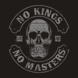 a skull with the words `` no kings no masters '' written around it .