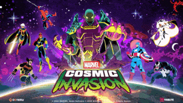 a poster for marvel cosmic invasion shows a group of superheros