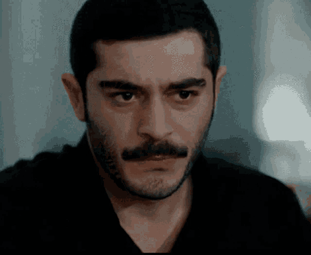 a man with a beard and mustache is looking at the camera