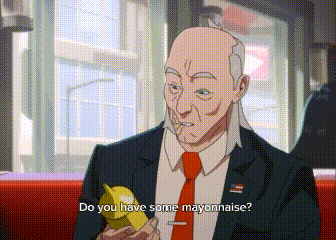 a man in a suit and tie is holding a banana and asking if he has some mayonnaise
