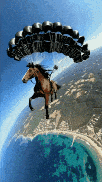 a horse is flying through the air with a parachute behind it