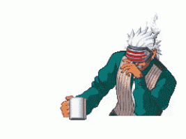 a pixel art drawing of a man holding a mug