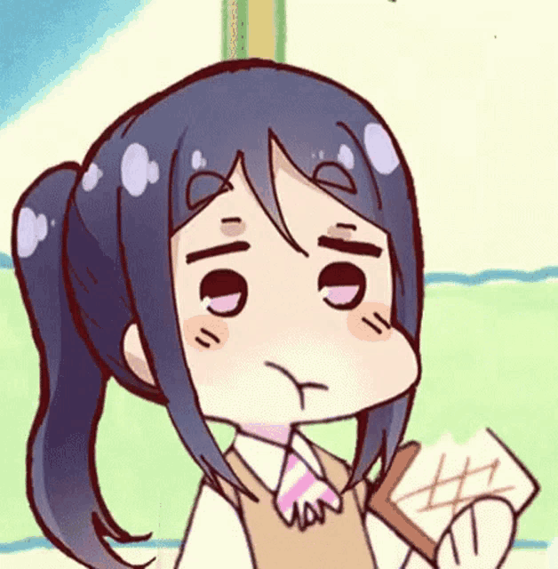 a cartoon girl with a ponytail and a tie is holding a piece of paper .