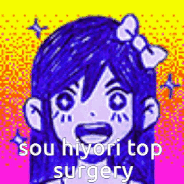 a drawing of a girl with blue hair and a bow on her head with the words `` sou hiyori top surgery '' .