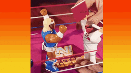 two toy wrestlers are fighting in a ring with a sign that says n.j.