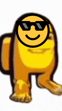 a yellow among us character with a smiley face and sunglasses