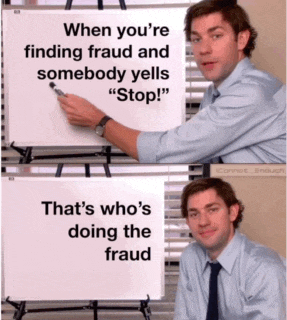 a man is pointing at a white board that says " when you 're finding fraud and somebody yells " stop "