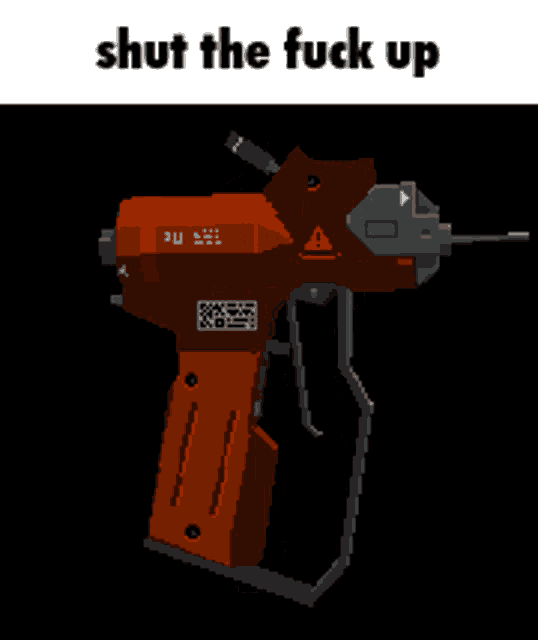 a pixel art drawing of a gun with the words shut the fuck up below it