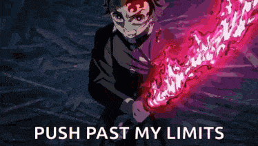 a picture of a person holding a sword with the words push past my limits on the bottom .